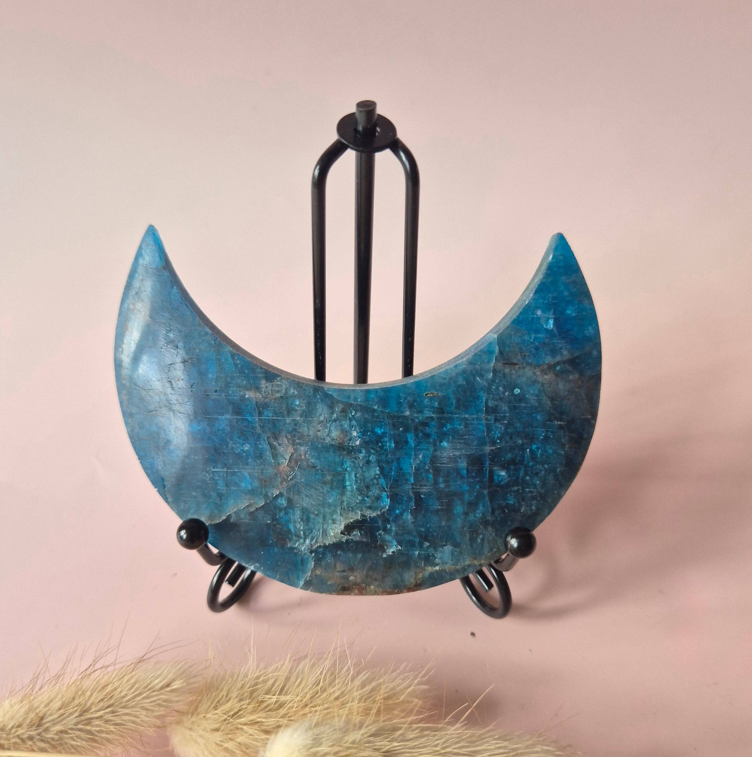 Gemstone Blue Apatite Moon on Stand 10cm (±175–200g)
