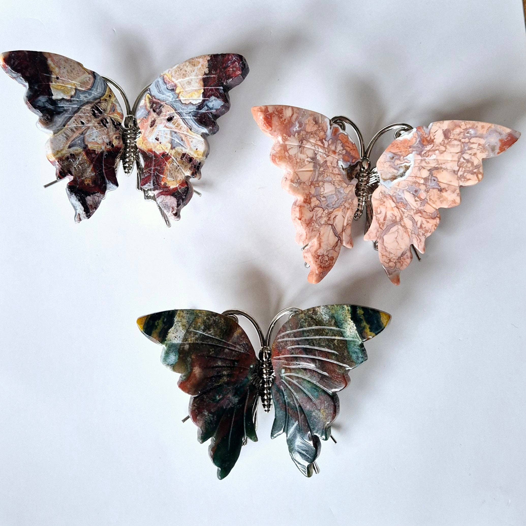 Mexican Agate Butterfly Crystal Carving Gemstone butterfly with metal body 10cm