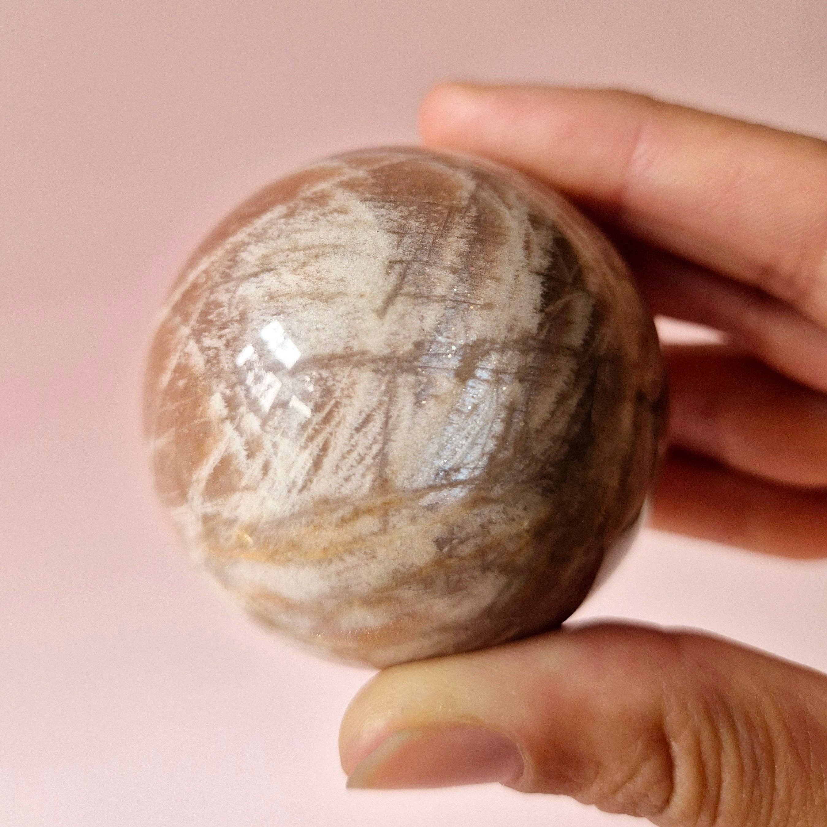 Crystal Gemstone Golden Sunstone Sphere with Blue & Gold Flash | 45–63 mm sphere: 55 mm