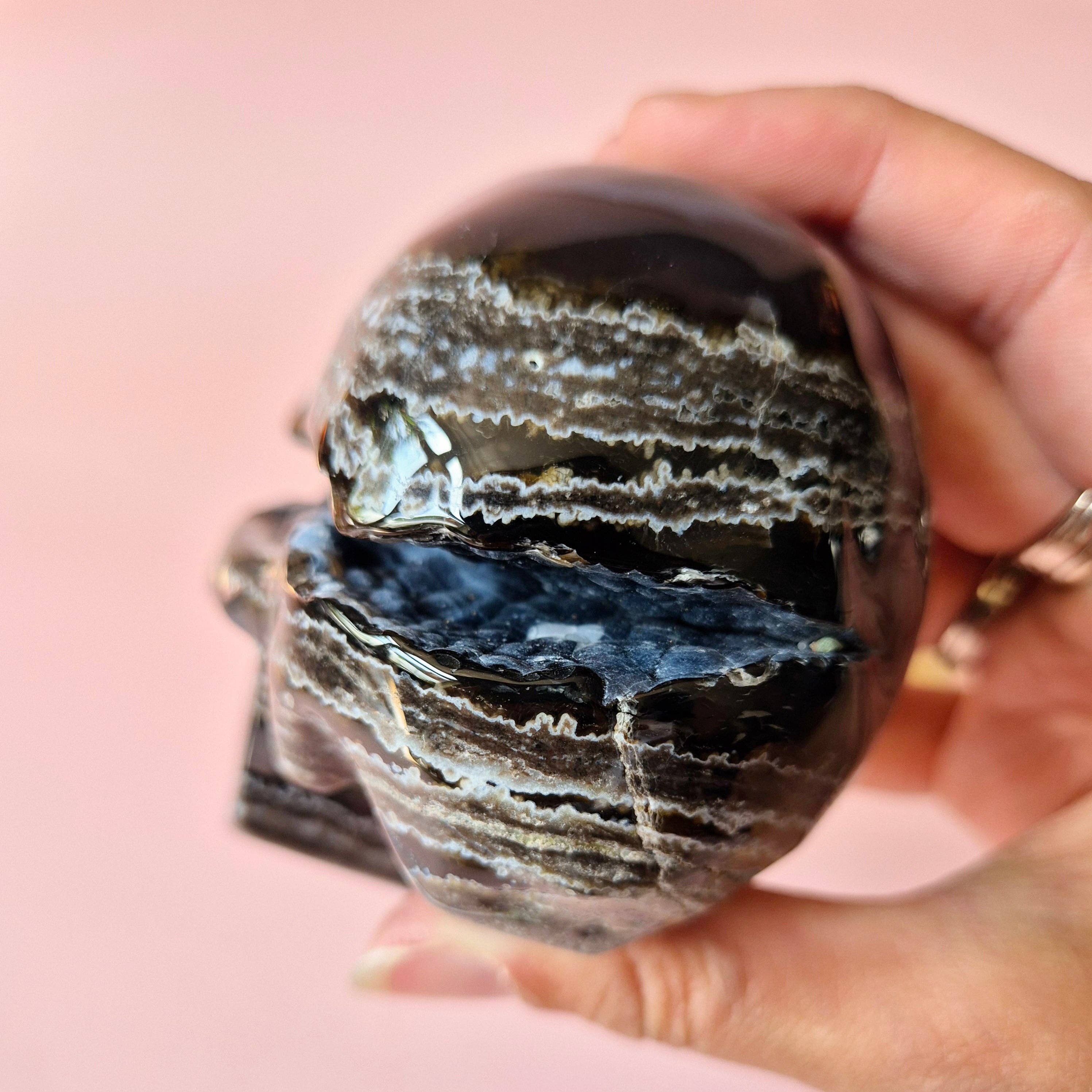 XL Gemstone Druzy Skull UV-reactive Volcano Agate Skull – #2 474 grams