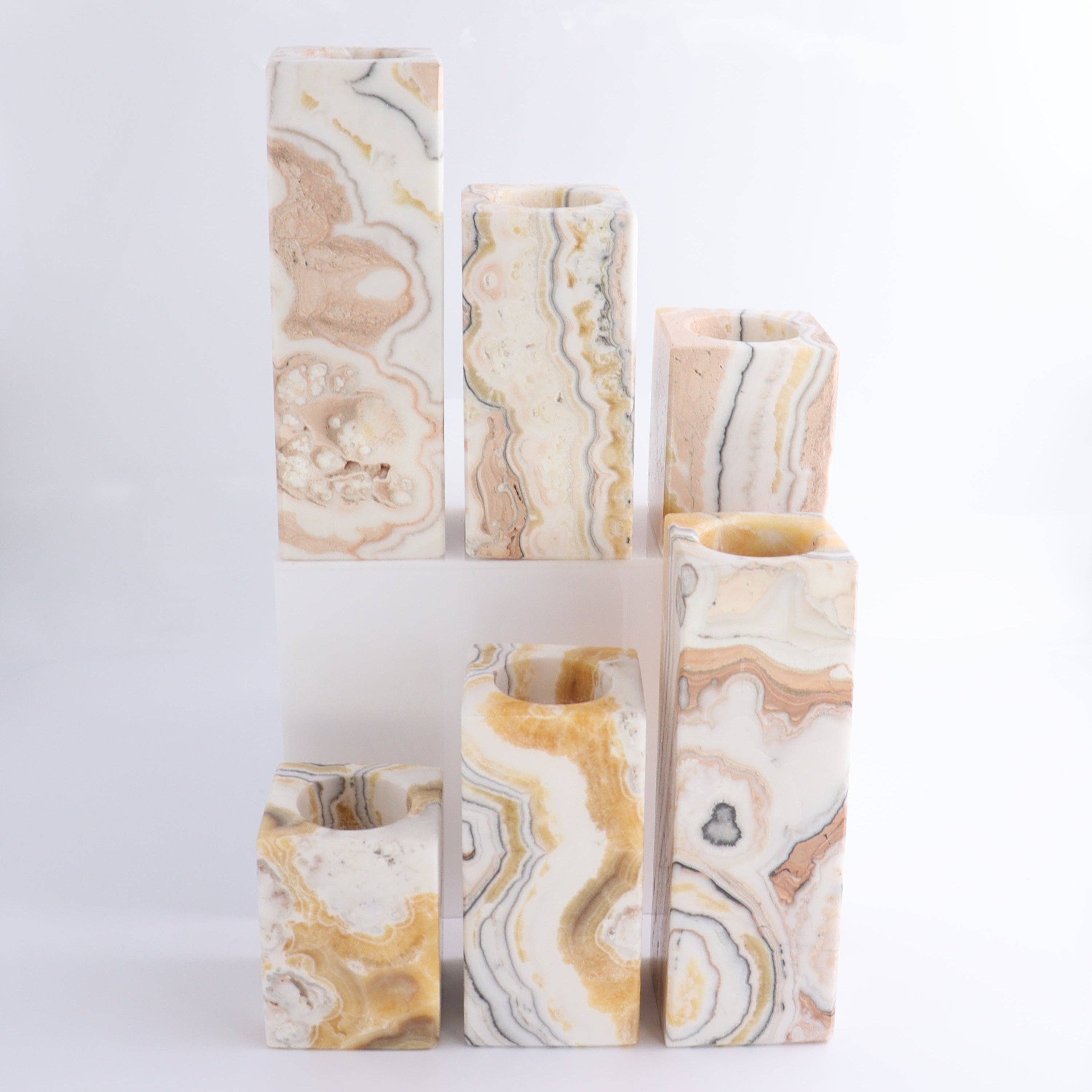 One Candle Holder Mexican Onyx/Calcite Zebra Yellow & White Set of 3