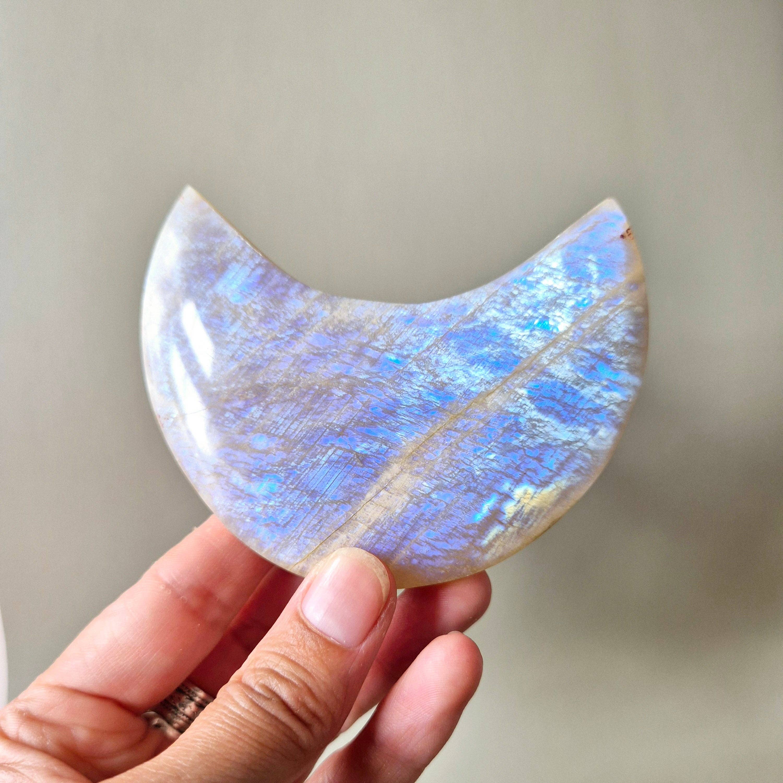 Gemstone Blue Moonstone Moon on Stand 9-11cm With Beautiful Flash