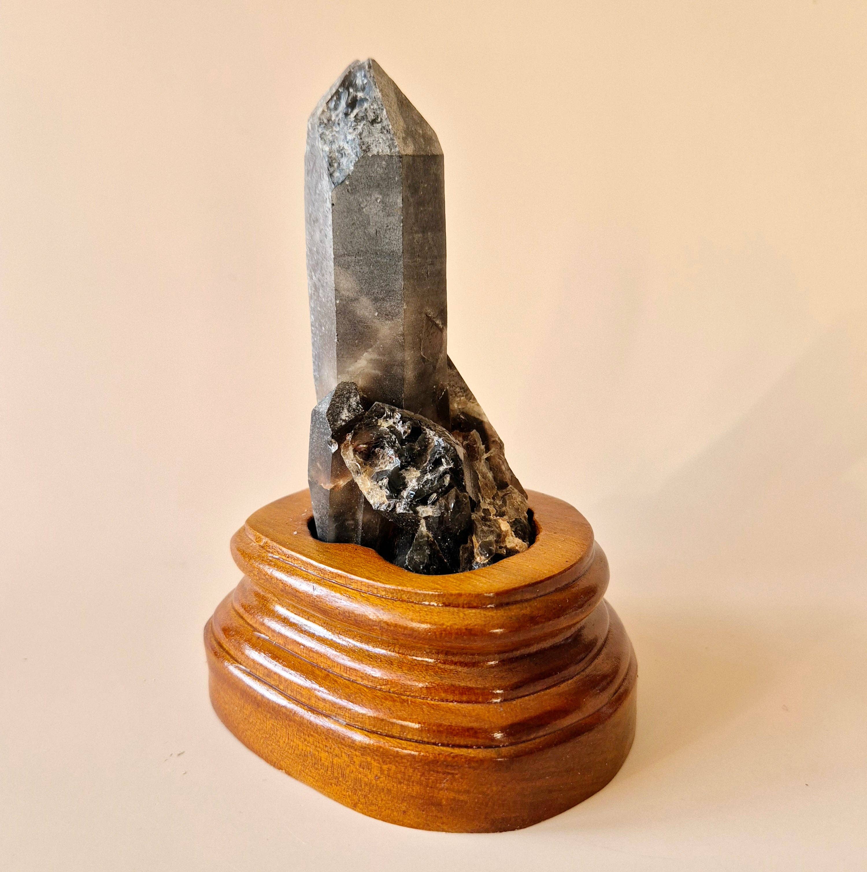XL Raw Smoky Quartz Gemstone Cluster on Wooden Stand – #23 165 grams