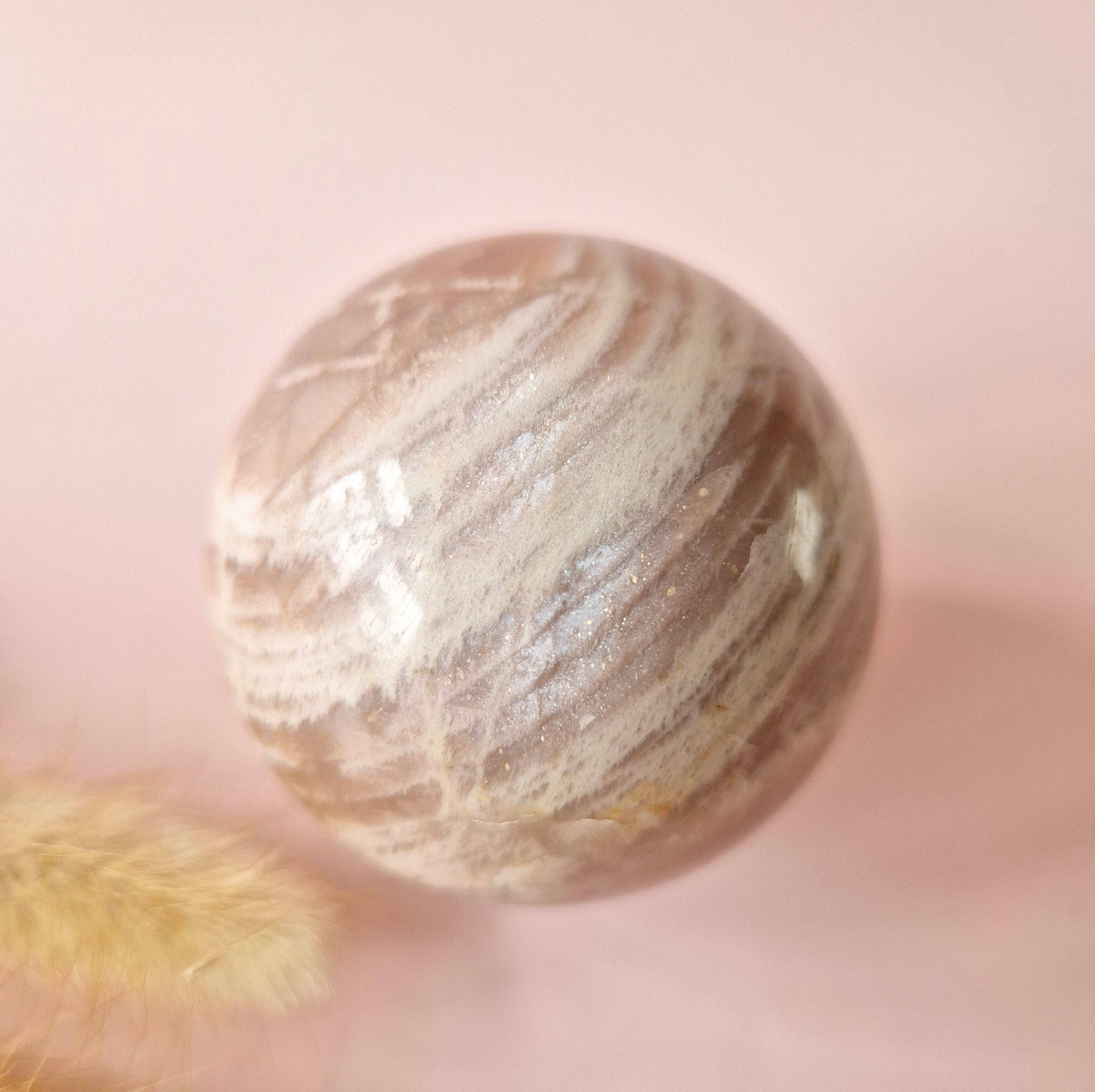 Crystal Gemstone Golden Sunstone Sphere with Blue & Gold Flash | 45–63 mm sphere: 55 mm