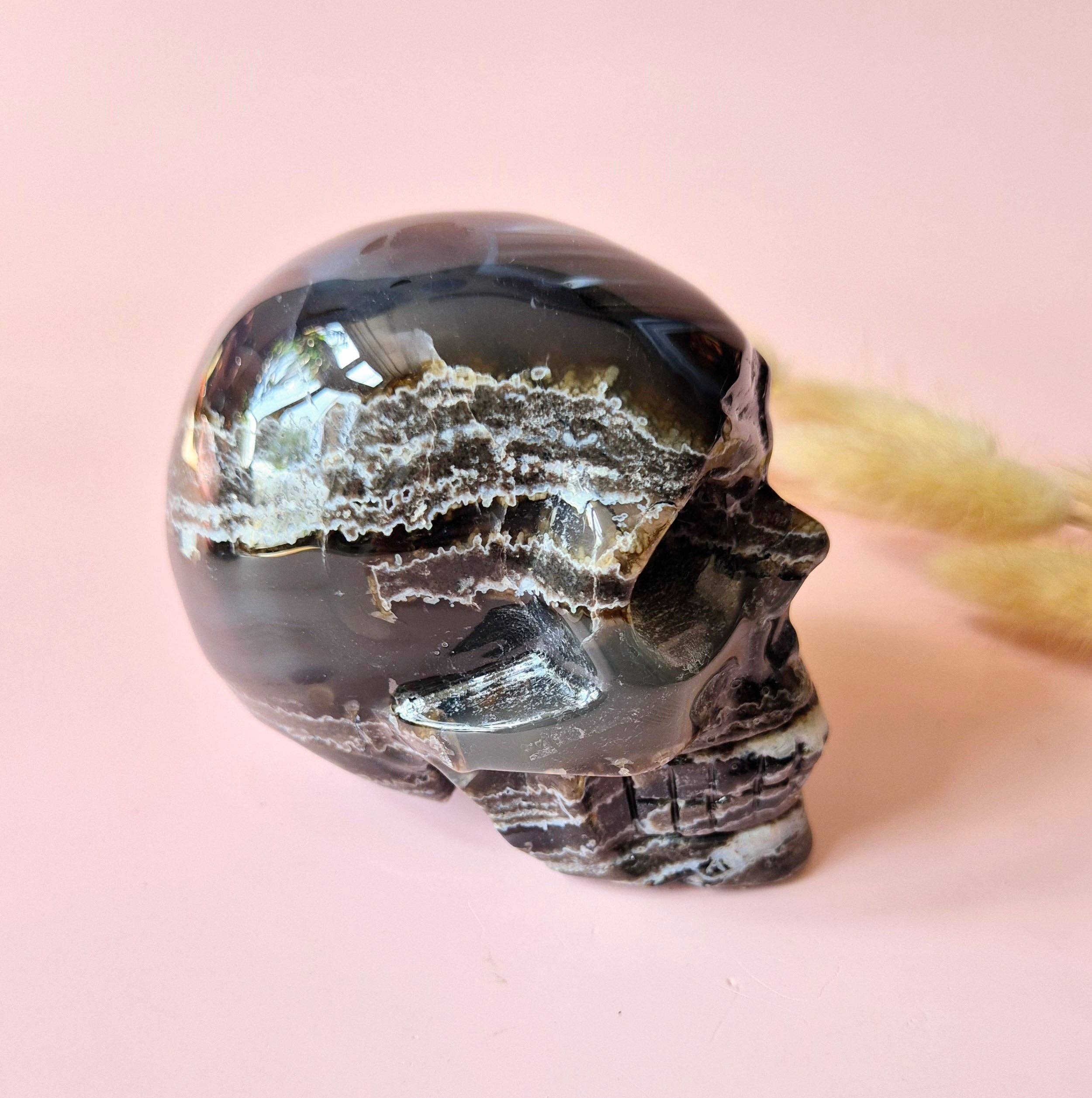 XL Gemstone Druzy Skull UV-reactive Volcano Agate Skull – #2 474 grams
