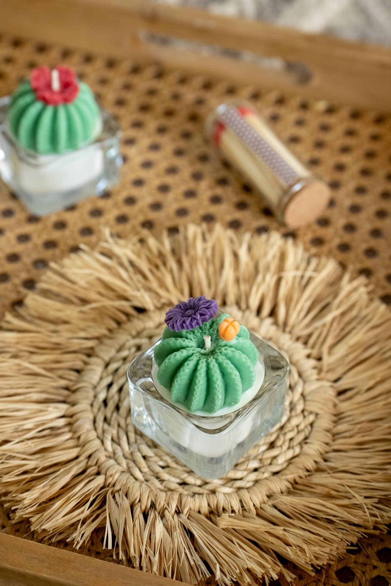 Barrel Cactus Tealight Candles: Green w/ purple