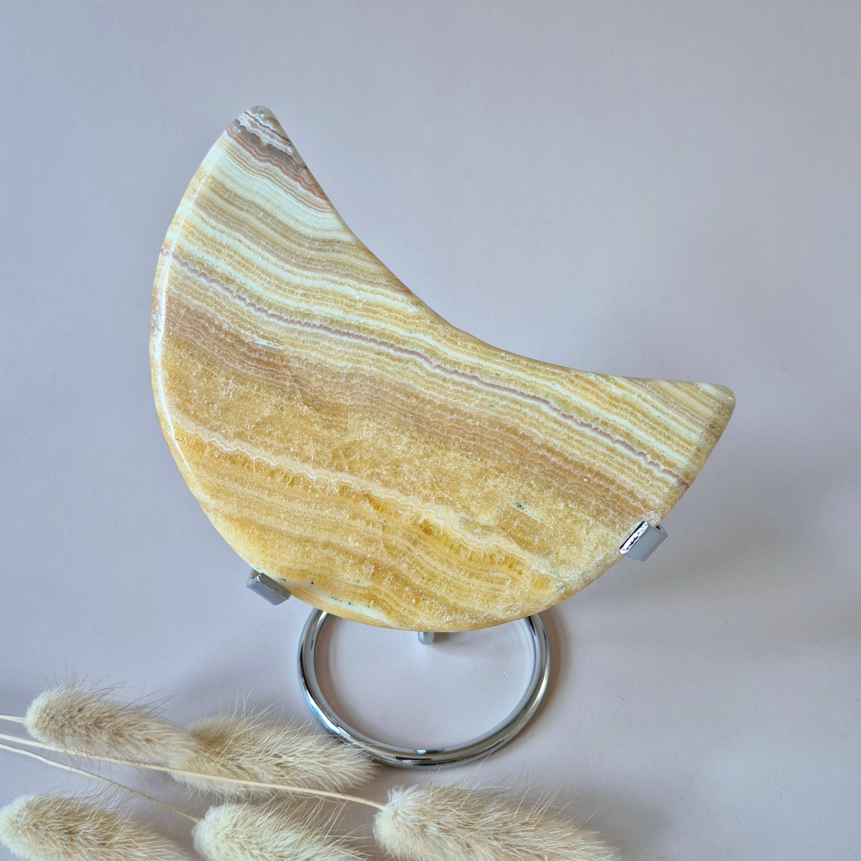 XL Yellow Calcite Moon on Metal Stand (300–350 grams)
