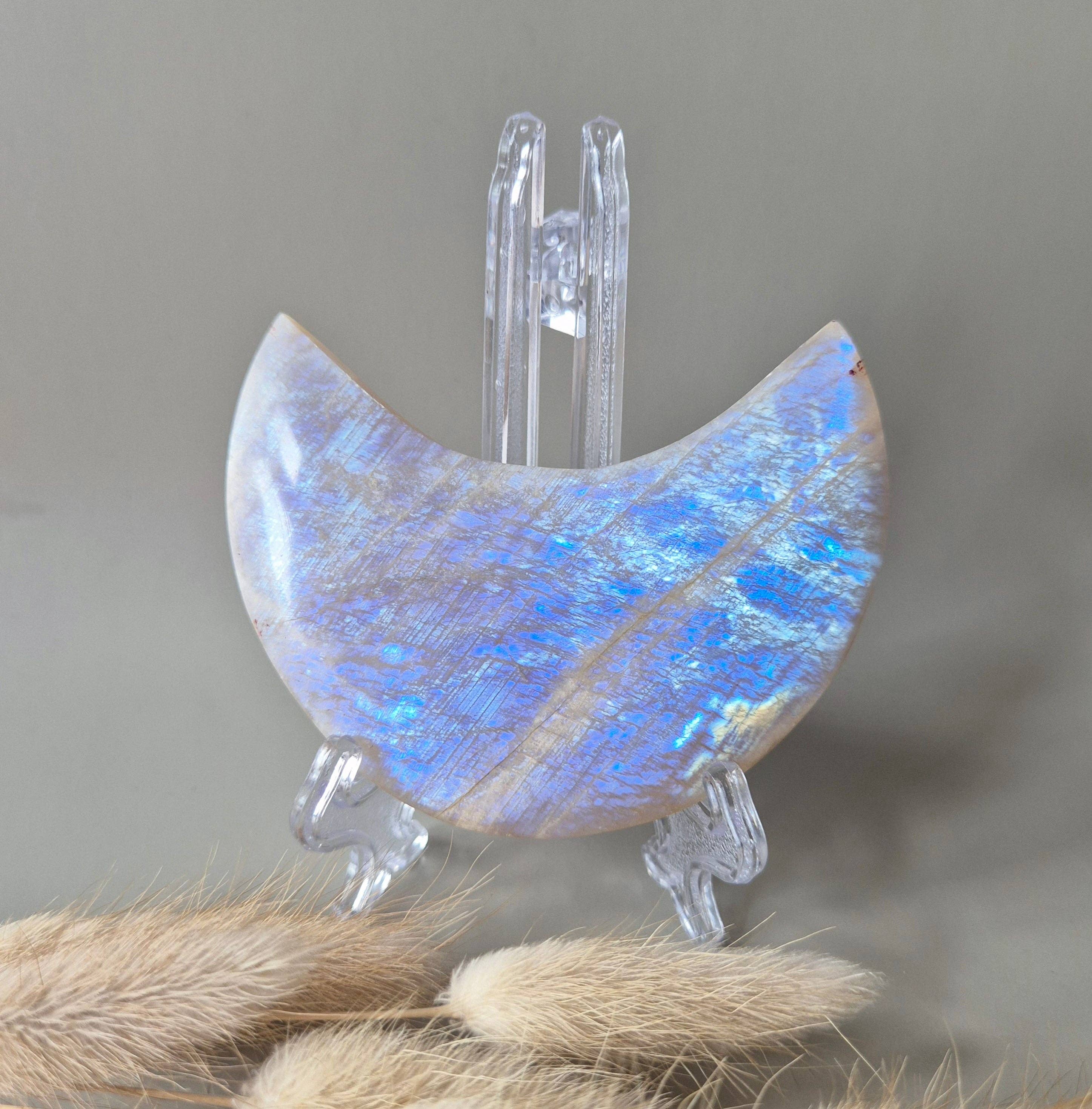 Gemstone Blue Moonstone Moon on Stand 9-11cm With Beautiful Flash