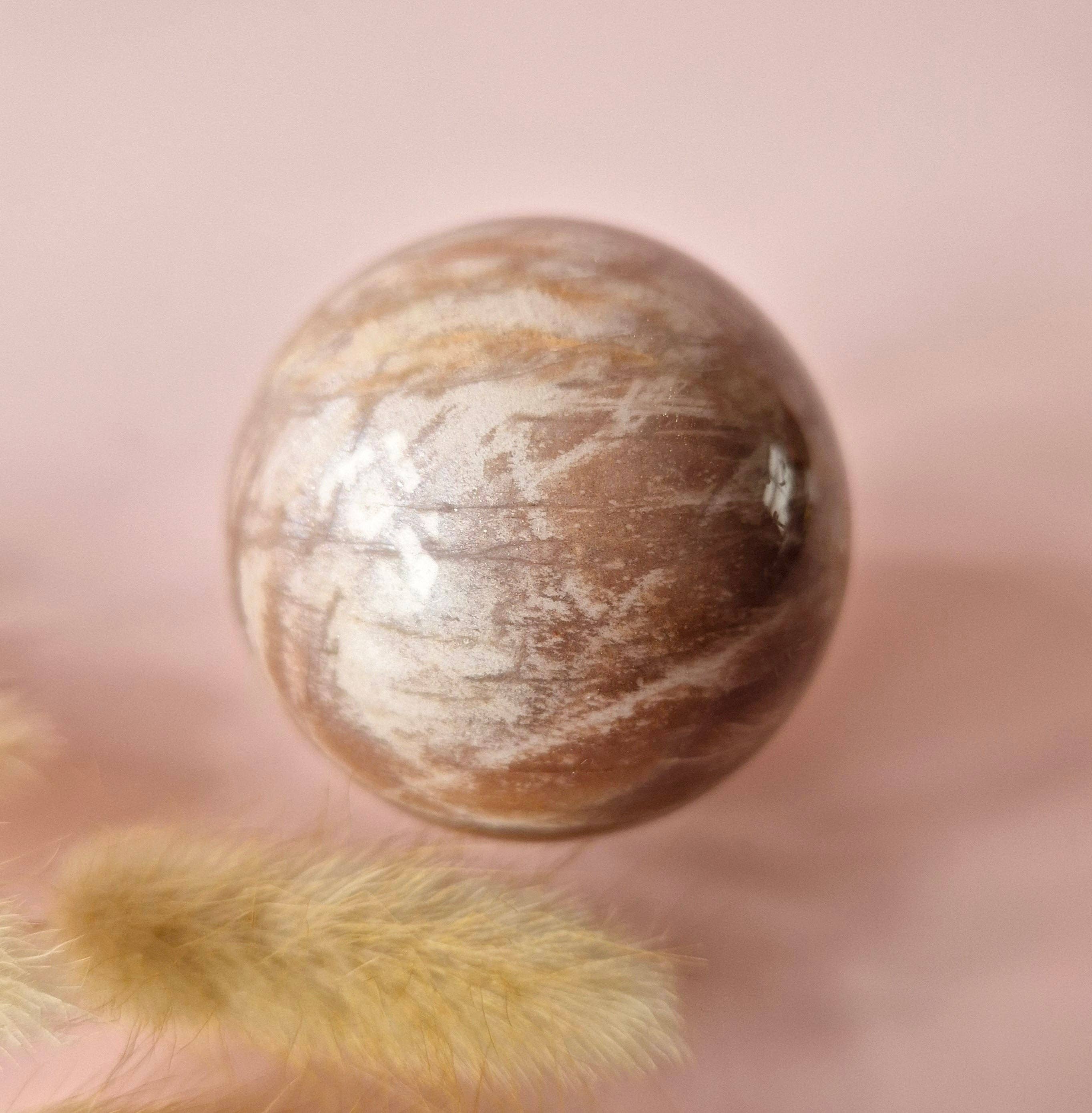 Crystal Gemstone Golden Sunstone Sphere with Blue & Gold Flash | 45–63 mm sphere: 63mm
