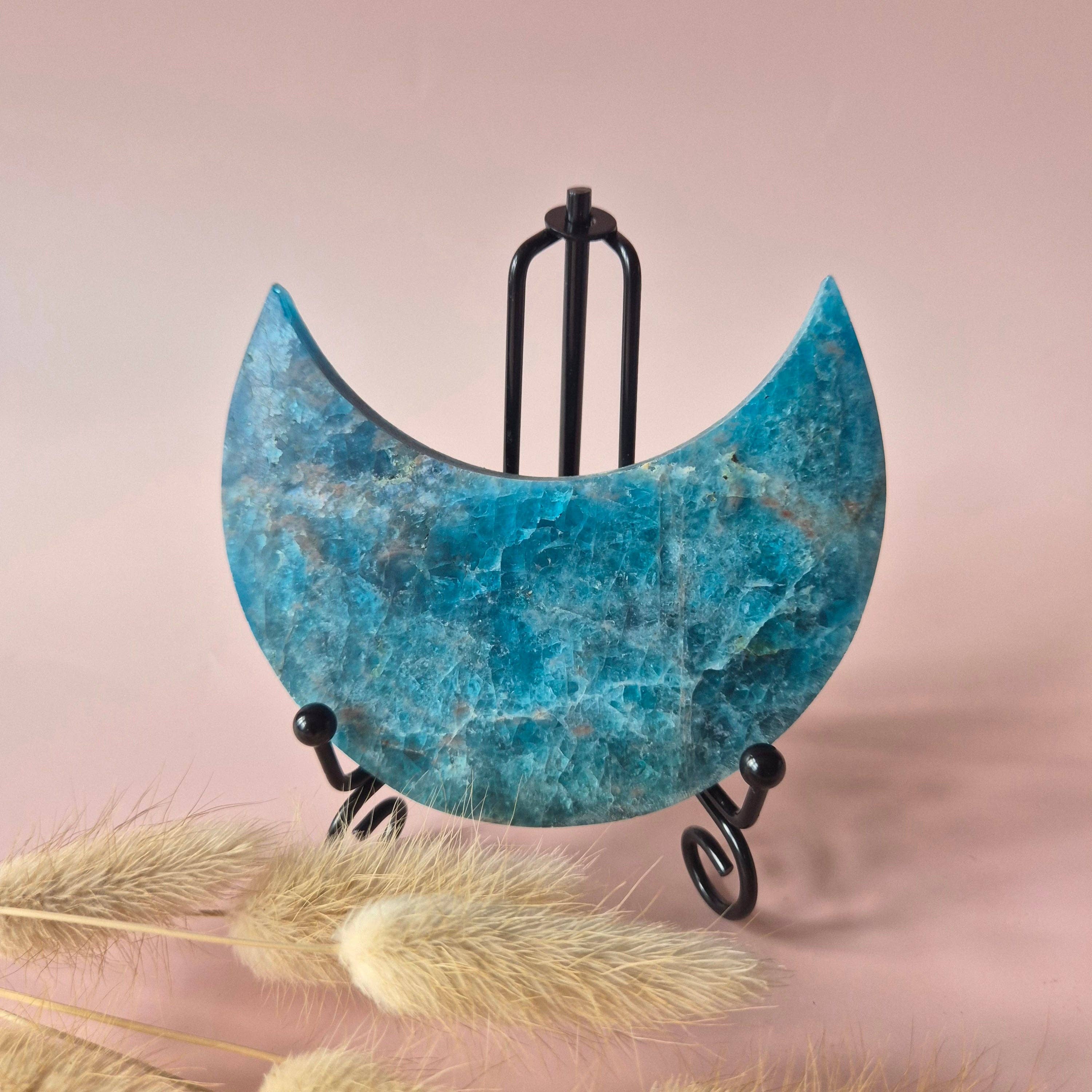 Gemstone Blue Apatite Moon on Stand 10cm (±175–200g)