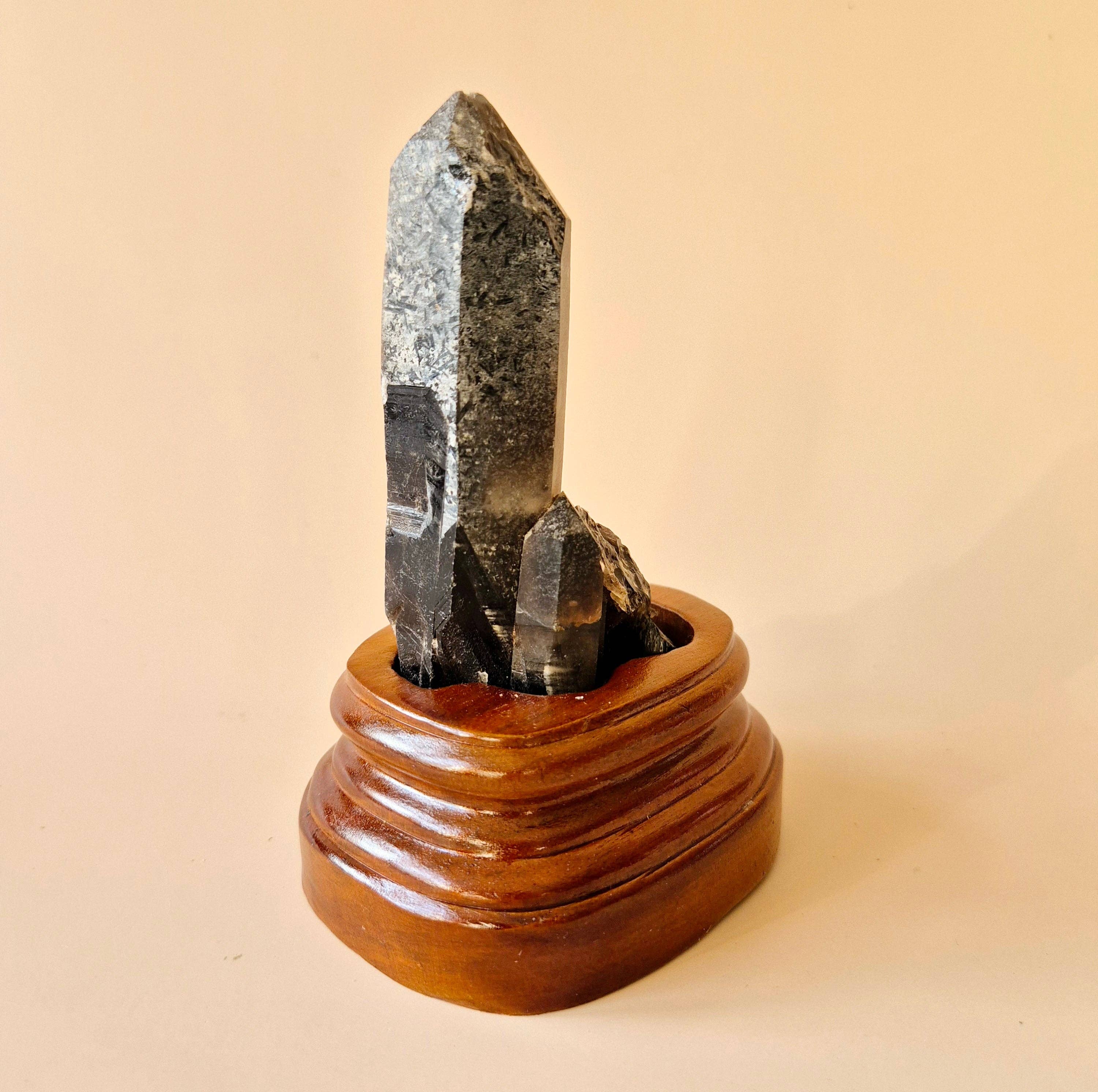 XL Raw Smoky Quartz Gemstone Cluster on Wooden Stand – #23 165 grams
