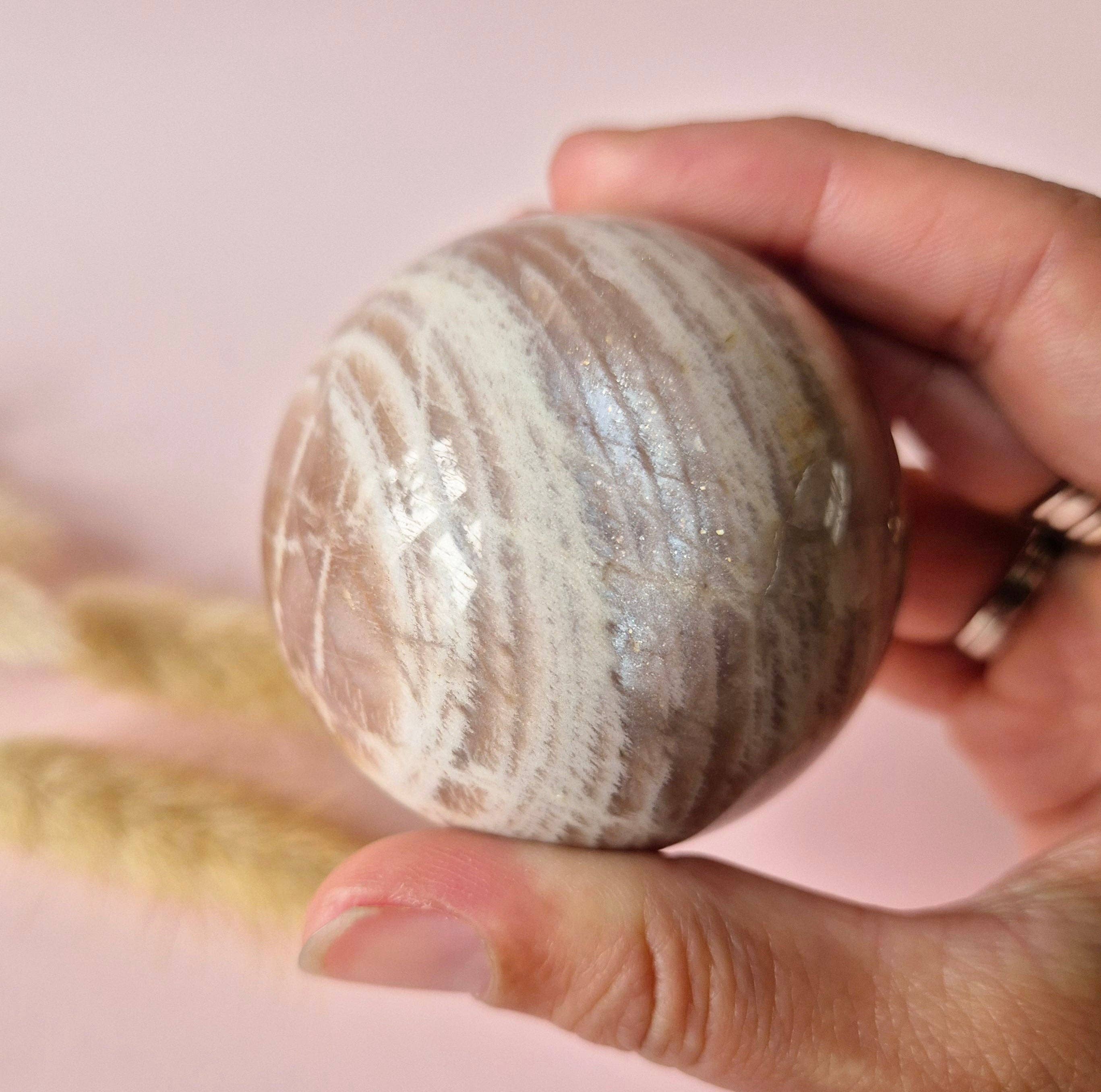 Crystal Gemstone Golden Sunstone Sphere with Blue & Gold Flash | 45–63 mm sphere: 55 mm