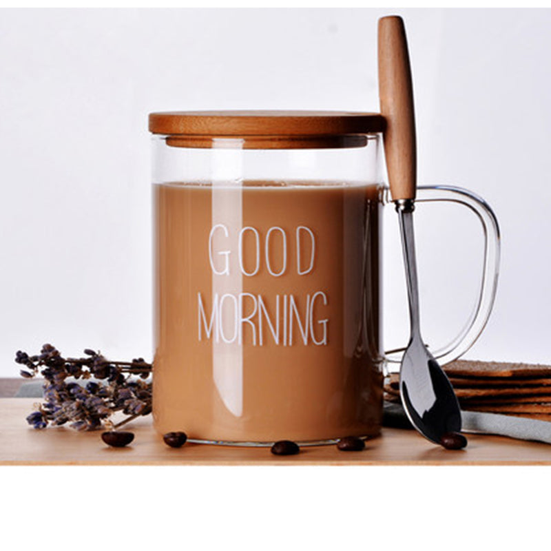 Breakfast Glass Mug with Wooden Lid and Spoon