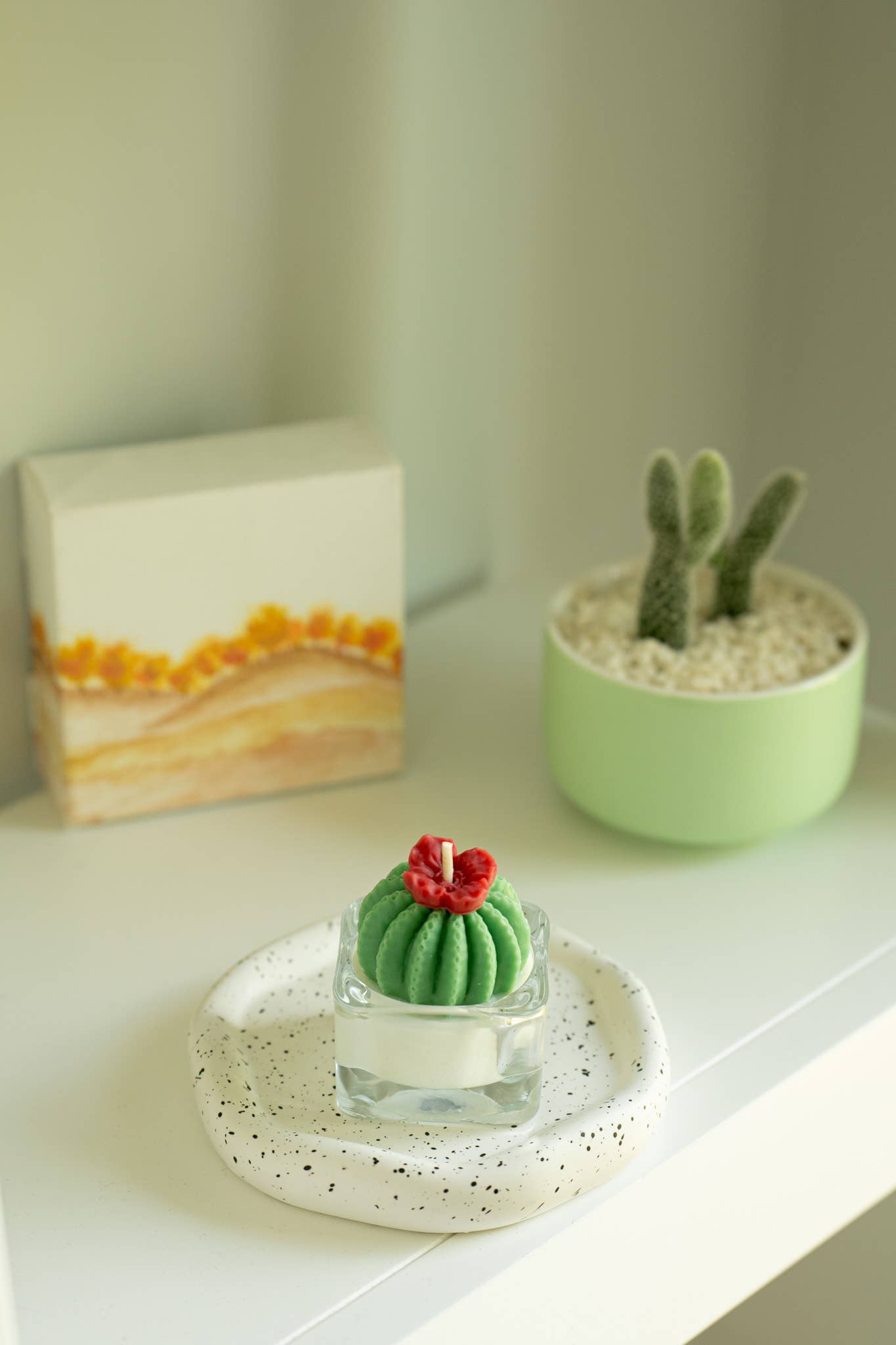 Barrel Cactus Tealight Candles: Green w/ red
