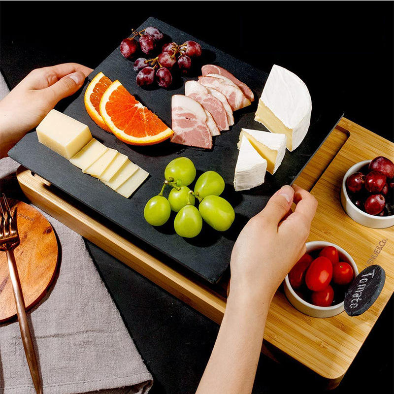 Bamboo Cheese Board with Cheese Tools, Cheese Plate Charcuterie board with Utensils Set with Stainless Steel Knives and slate