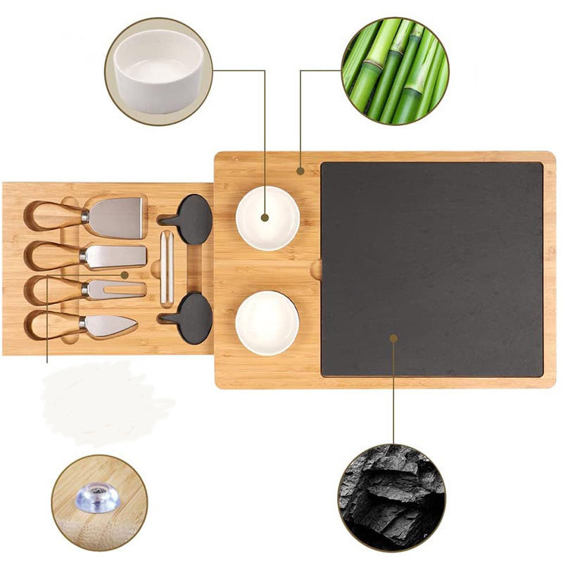Bamboo Cheese Board with Cheese Tools, Cheese Plate Charcuterie board with Utensils Set with Stainless Steel Knives and slate