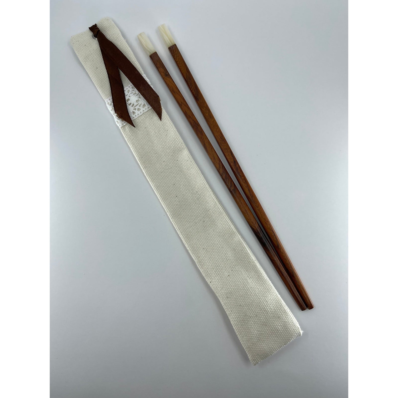 Custom chopsticks Mother of Pearl inlay and a canvas sleeve